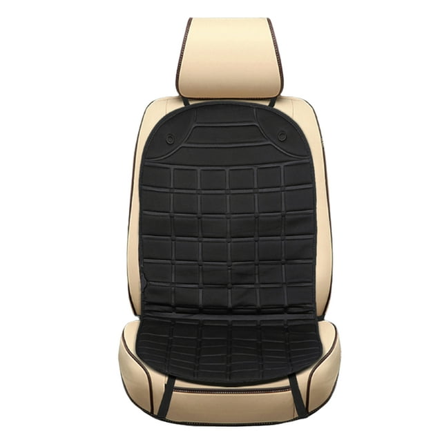 TOYTEXX 1 Pair Audew 12V Heated Car Seat Cushion with Thermostat Control for Winter Driving, displayed on a beige car seat. The black flame-retardant polyester cushion has a grid pattern and adjustable straps for secure fit. Universal compatibility for cars, trucks, and SUVs, with rapid heating in 2 minutes and a 60°C thermostat for safe winter driving. Ideal as a heated seat cushion and winter car accessory.