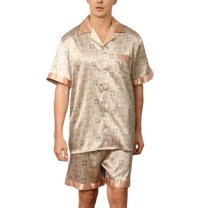 SWSMCLT Men's 2 Piece Pajamas Lightweight Shorts Printed Silky Summer Casual Soft Pj Set Short Sleeve Khaki X-Large