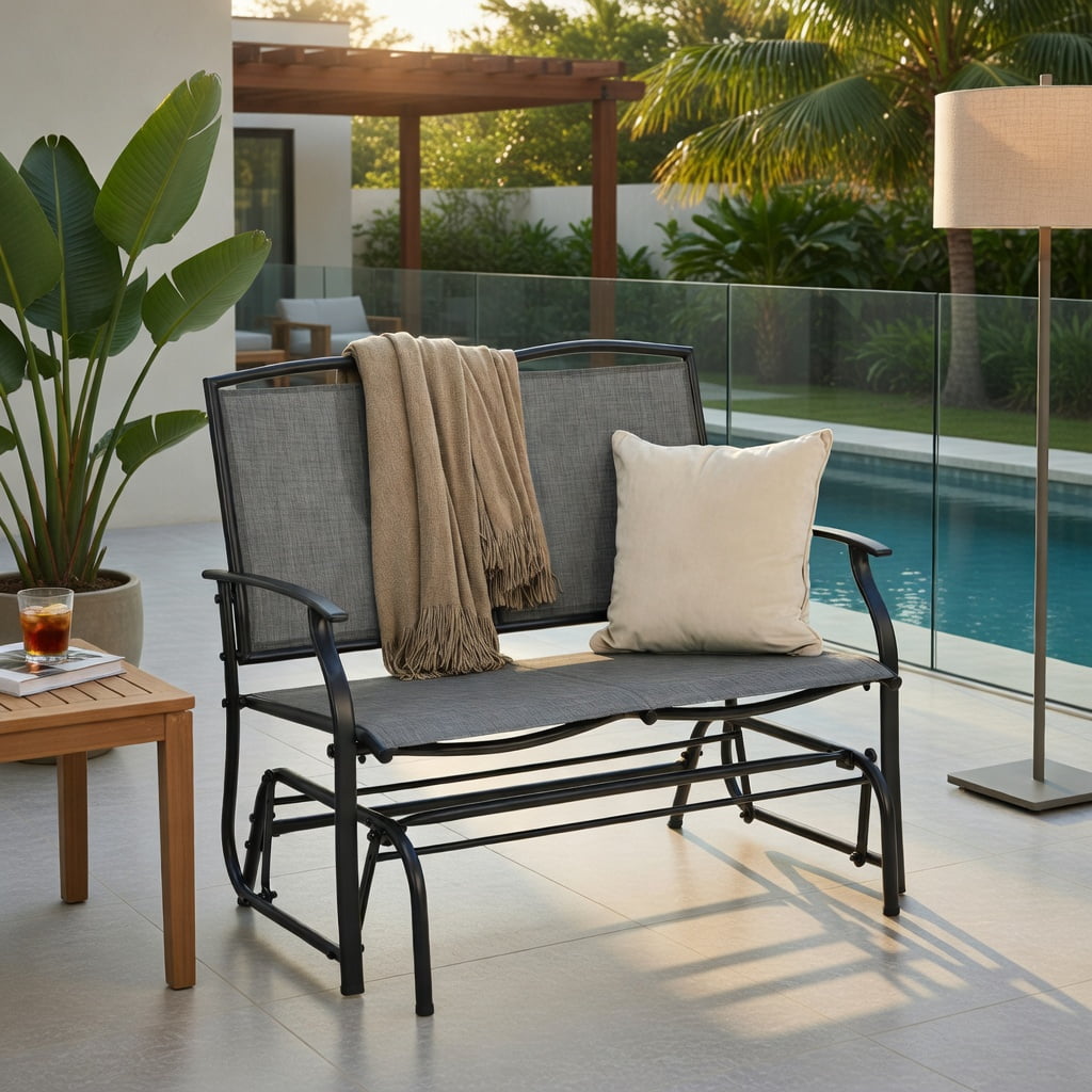 Hommoo Heavy-Duty Steel Outdoor Rocking Loveseat Chair, Textilene Patio Rocker for Backyard, Lawn, Deck or Indoor Living Space, Gray