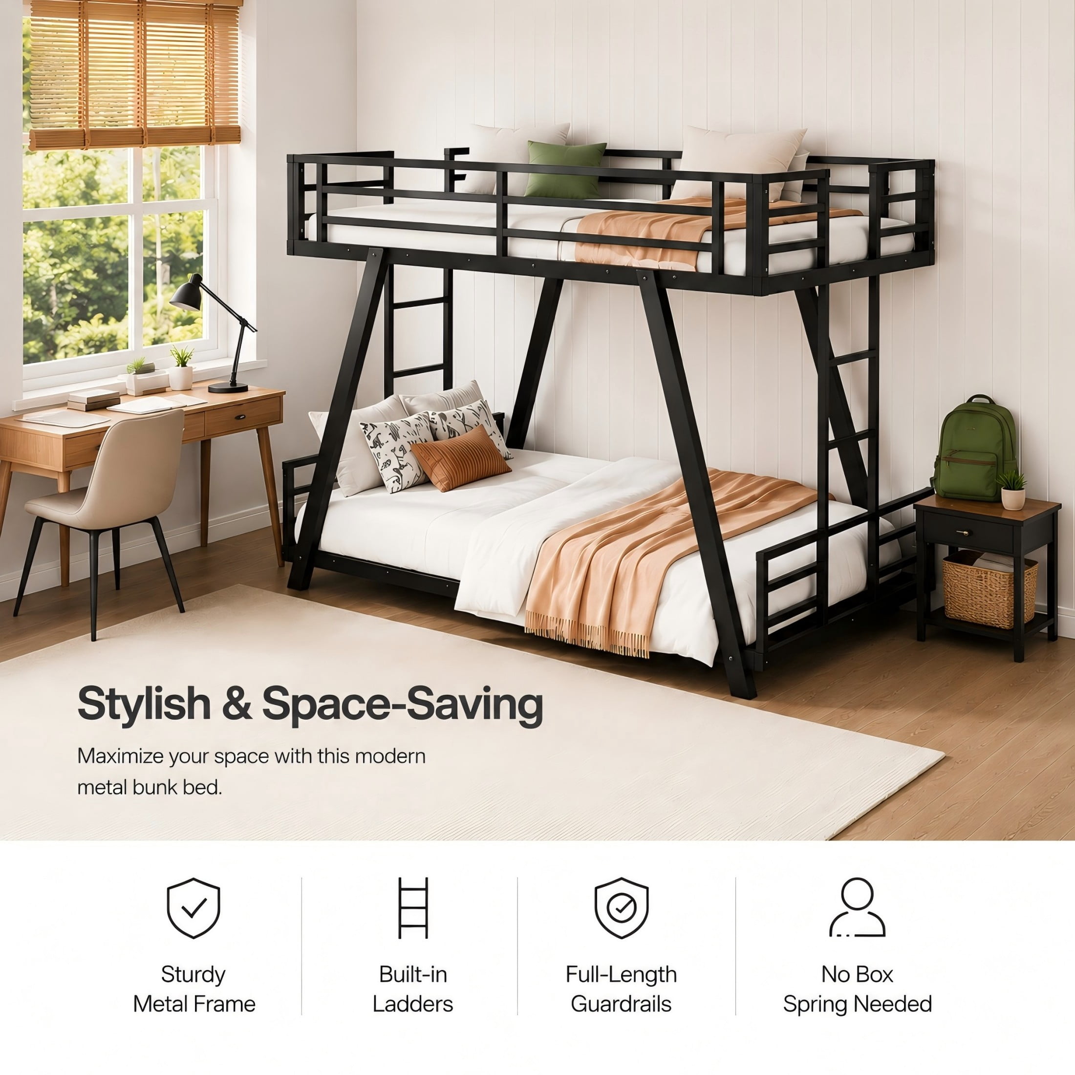 Aukfa Twin XL over Twin XL Metal Bunk Bed with Heavy Duty A-Frame Support Design, 2 Side Ladders, Low Profile, Black