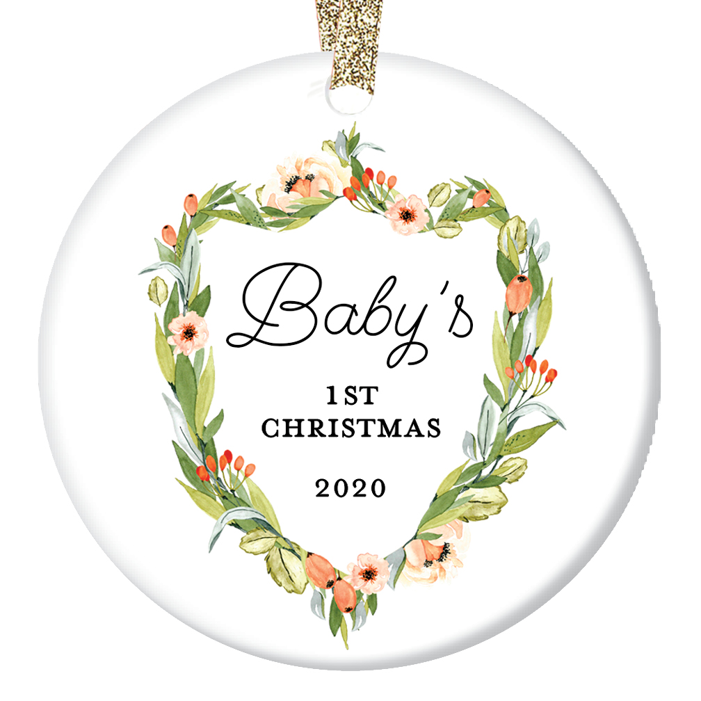 New Baby Gifts, Baby's First Christmas Ornament Dated Year 2020, 1st Xmas Ceramic Present Keepsake Newborn Girl Babies Shower 3" Floral Flat Circle Porcelain with Gold Ribbon & Free Gift Box | OR00410 - image 1 of 2