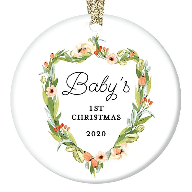 New Baby Gifts, Baby's First Christmas Ornament Dated Year 2020, 1st Xmas Ceramic Present Keepsake Newborn Girl Babies Shower 3" Floral Flat Circle Porcelain with Gold Ribbon & Free Gift Box | OR00410