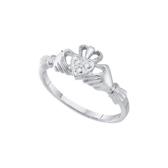 FB Jewels 10kt White Gold Womens Round Diamond Claddagh Heart Ring .01 Cttw