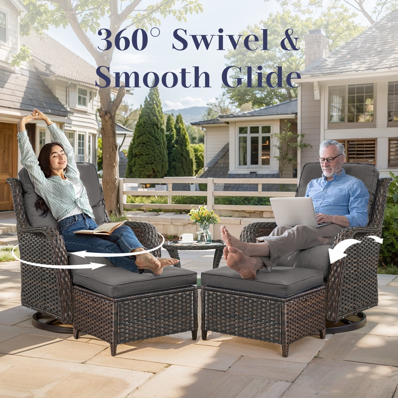 POCASSY 5 Pieces Patio Furniture Set with Swivel Chairs and Ottomans, High Back Deep Seat Cushioned Wicker Outdoor Conversation Set for Porch & Balcony, Brown Wicker/Gray Cushion