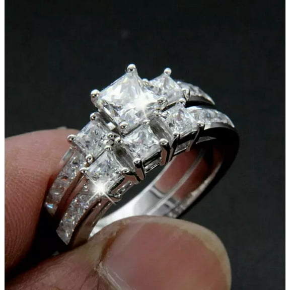 2Ct Princess Cut Simulated Diamond Wedding Bridal Set Ring 14K White Gold Plated 925 Silver