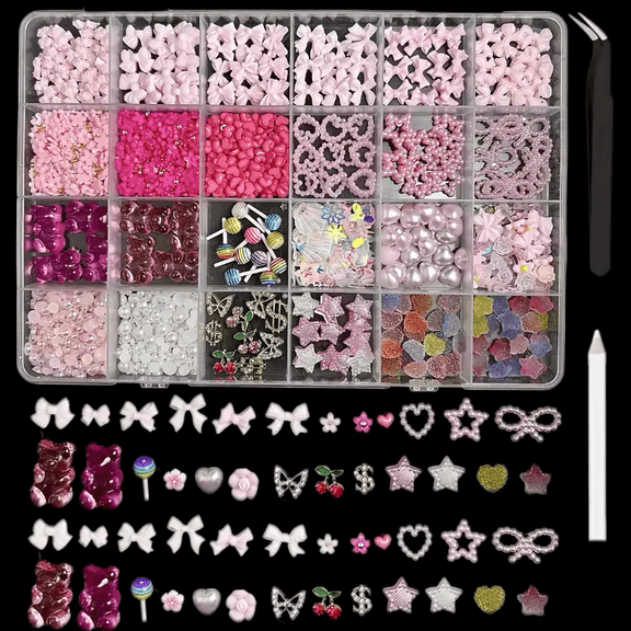 1BOX 3D Pink Nail Charms Y2K kit,Flowers Nail Charms 3D Alloy Butterfly Bow Charms for Nails Pink&White Star Heart Moon Pearls Beads Cute Nail Jewels for Nail Art DIY Crafts