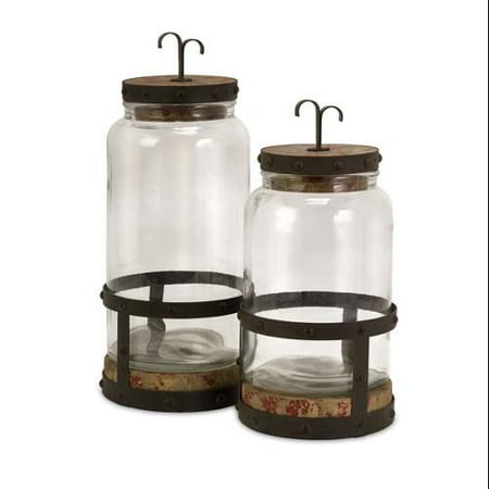 Set of 2 Rustic Old Fashioned Glass and Metal Jar Canisters 15"