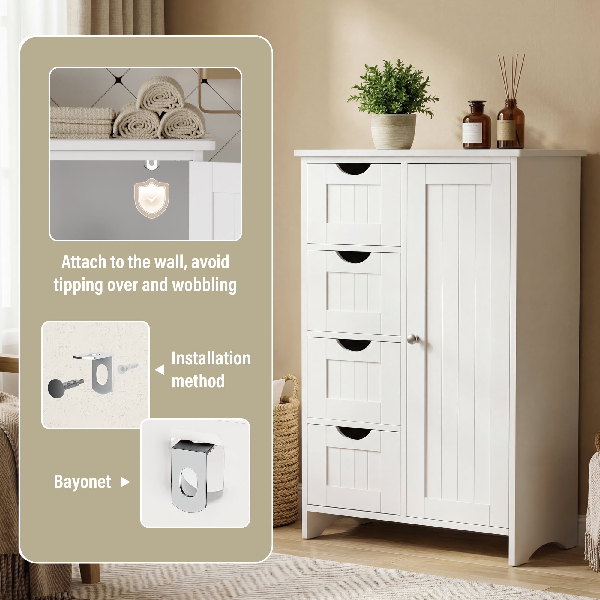 Furmax Wooden Bathroom Floor Cabinet with 4 Drawers, 1 Adjustable Shelf & 1 Cupboard，Side Storage Organizer Storage Cabinet for Bathroom, Entryway, White