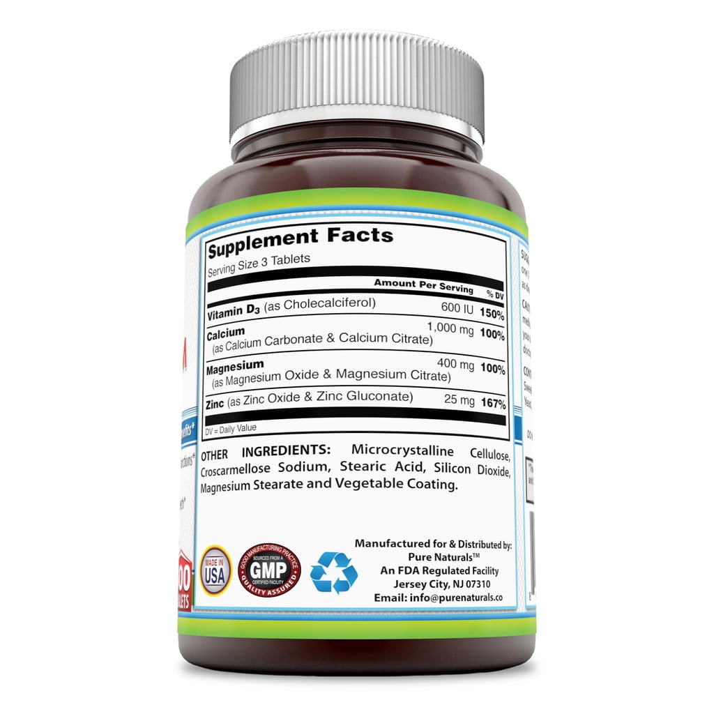 Pure Naturals Amazing Formulas Calcium Magnesium Zinc with Vitamin D3 500 Tablets Supplement | Non-GMO | Gluten Free | Made in USA