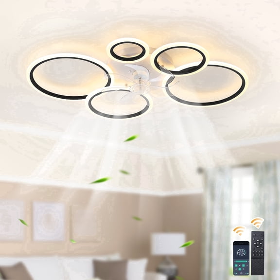 Garwarm 39 in Black Geometric Ceiling Fan with Lights and Remote, Modern Low Profile Flush Mount LED Ceiling Fan, Dimmable 6 Speed Reversible Fan Light for Bedroom Living Room
