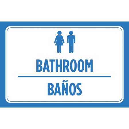 Bathroom Banos Spanish Print Blue White Man Woman Picture Symbol Restroom Poster Business Office Sign