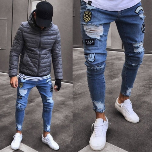 Men Ripped Jeans Skinny Biker Jeans Destroyed Frayed Slim Pant Denim