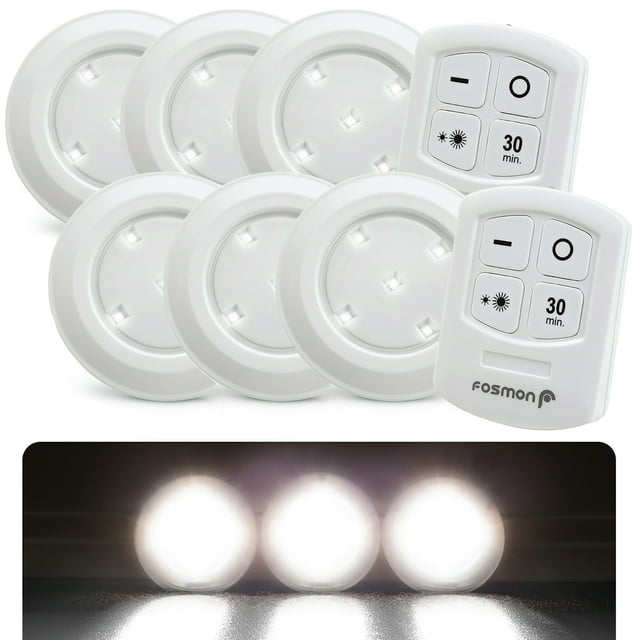 Fosmon Wireless LED Puck Light 6 Pack with Remote Control, Under Cabinet Lighting for Kitchen Closet Bedroom Bathroom