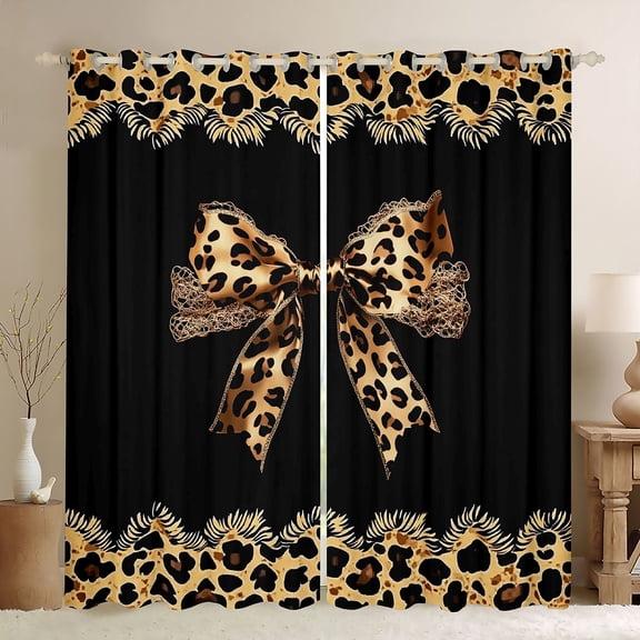 Erosebridal Leopard Print Bow Black Out Curtains For Girls Kids,Brown Cheetah Pattern Curtains Pack of 2 (42x63 Each) For Women