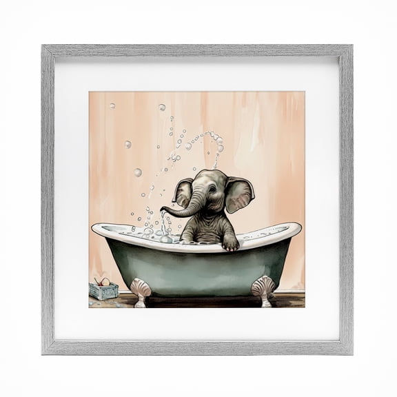 Baby Elephant Bubble Bath Gray Framed Print Under Glass, design by Sasha