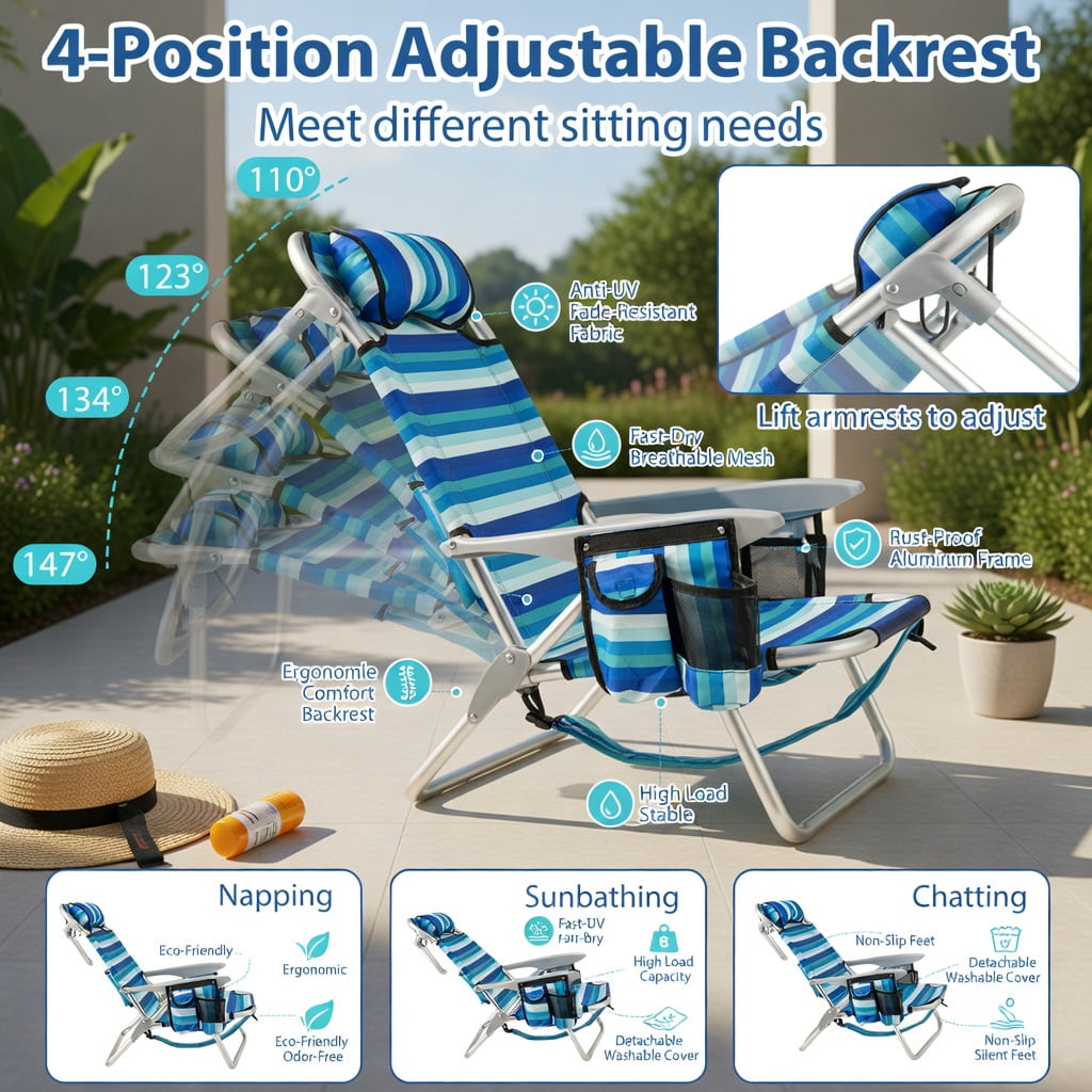 Hommoo 2-Pack Lightweight Folding Beach Chairs for Adults, 4-Position Adjustable Backrest, Rust-Resistant Aluminum Frame, Oxford Fabric Seat, Blue
