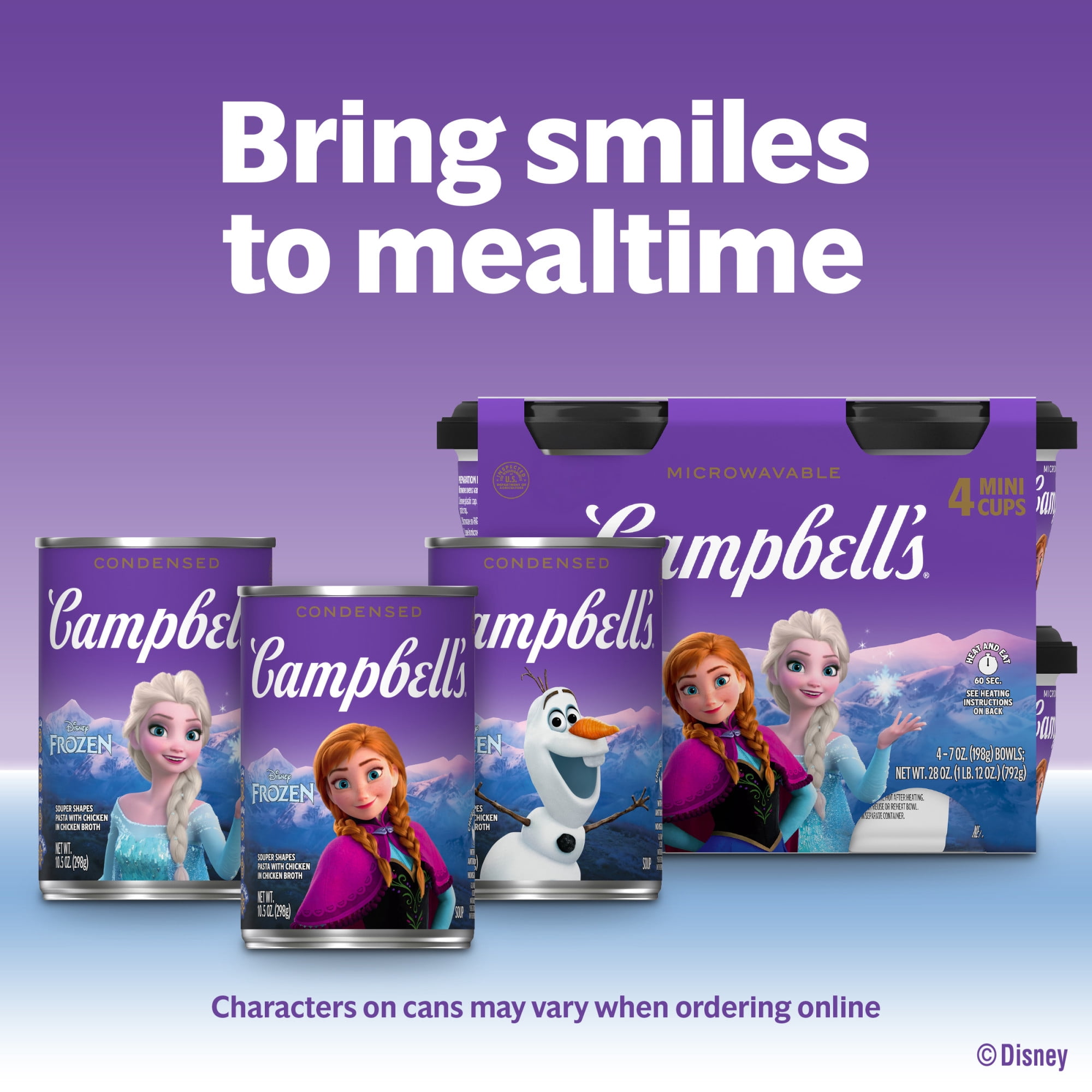 (4 pack) Campbell’s Kids Soup, Disney Frozen Souper Shapes Pasta with Chicken in Chicken Broth, 7 oz Bowl, 4 Count