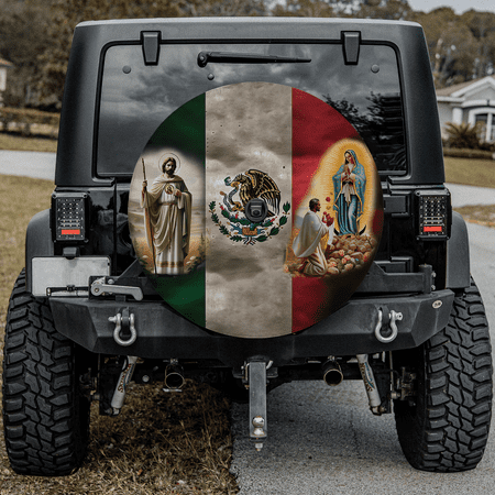 Lotusprinthandmade Mexican Flag St.Jude & Virgen Spare Tire Cover With Backup Camera Hole 6 Sizes (30 in.)