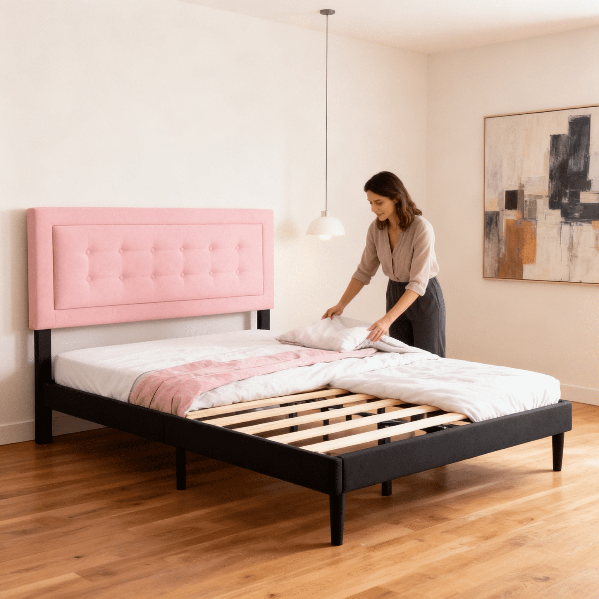 Velvet Tufted Queen Upholstered Platform Bed Frame with 12 Solid Wood Slats, No Box Spring Needed Quick Assembly Bedroom Bed Base