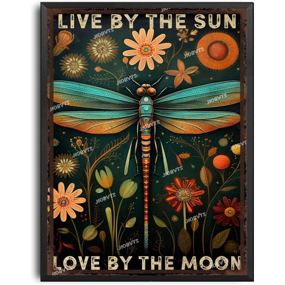Dragonfly Live by The Sun Love by The Moon Metal Tin Sign Vintage Wall Decor for Backyard Garage Man Cave Shed Office Craft Room 12x8 Inch