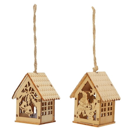 

2Pcs Xmas Wooden Luminous Pendant Creative House Shape Decor Xmas Scene Adorn