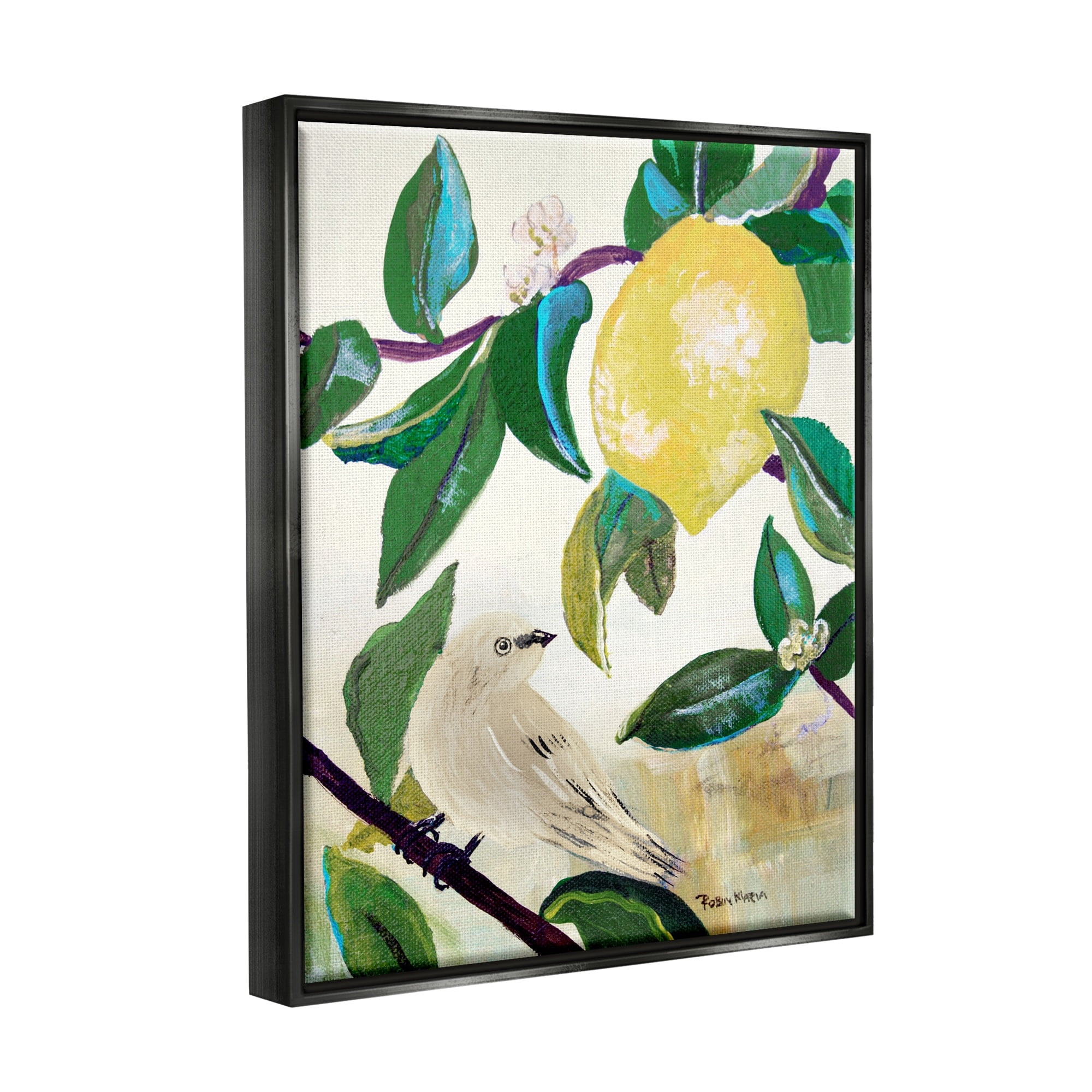 Stupell Industries Vivid Yellow Lemon Citrus Fruit Bird Perched Painting Jet Black Floating Framed Canvas Print Wall Art, Design by Robin Maria