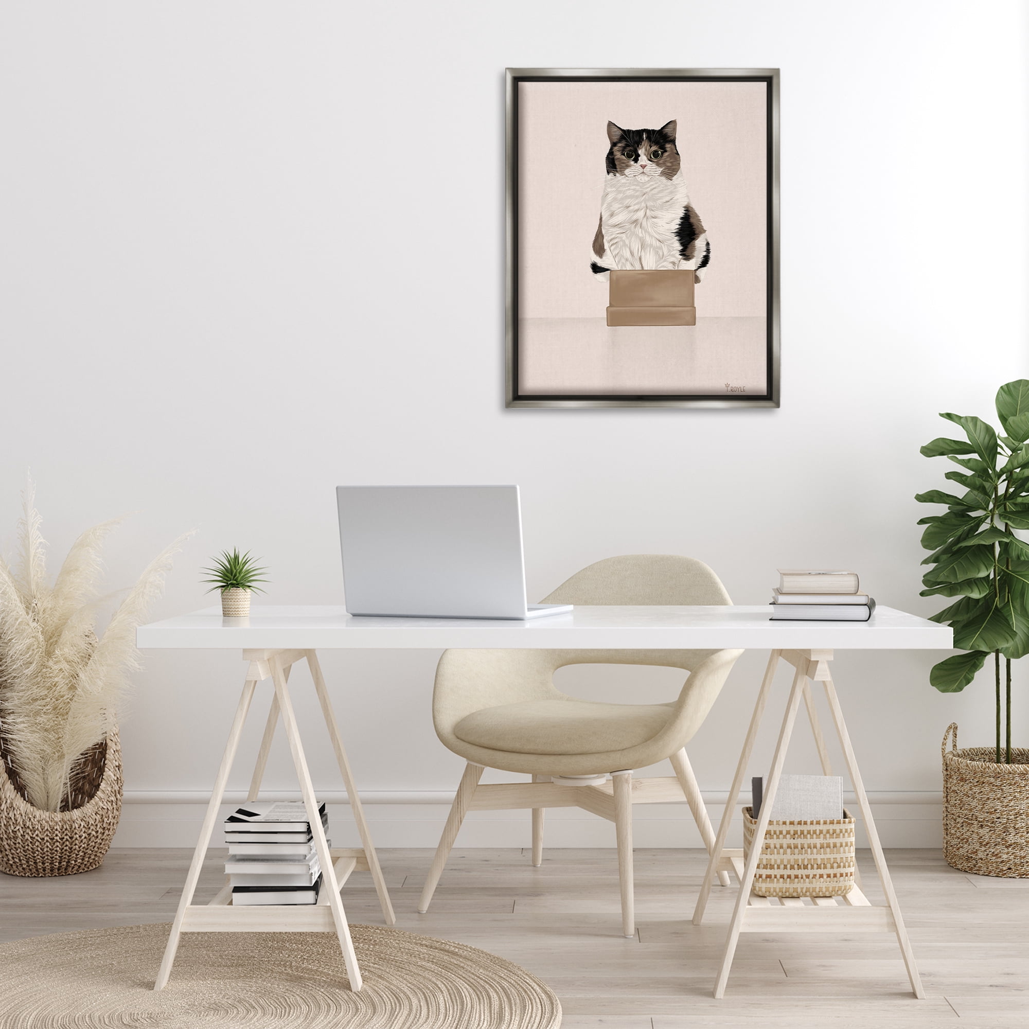Stupell Industries Cat in Cardboard Box Animals & Insects Painting Gray Floater Framed Canvas Art Print Wall Art, 25 x 31