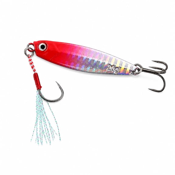 Agesis Metal Jig Fishing Lure, Red Head Silver Body Artificial Hard Bait with Treble Hook and Assist Hook, Saltwater Freshwater Casting Spoon Jig Lure for Bass Trout Pike Fishing