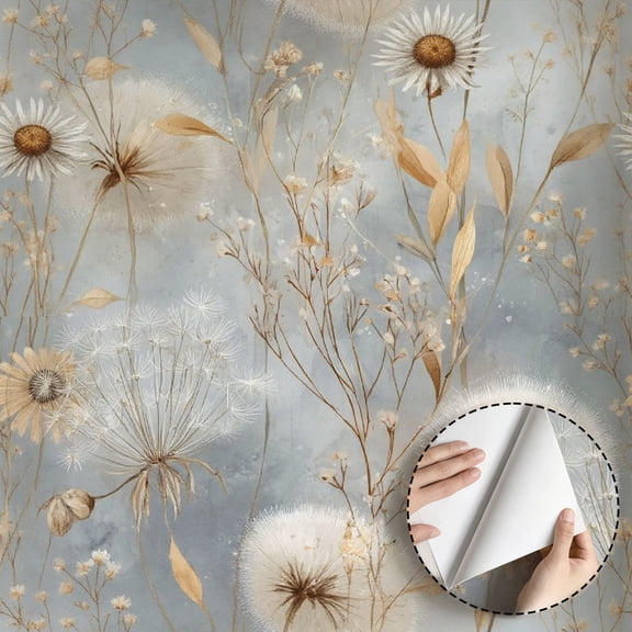 Dried Dandelion Daisy Floral Wallpaper Boho Rustic Vintage Self Adhesive and Removable Waterproof Wall Decor for Bedroom Living Room Bathroom Kitchen Cabinet Drawer 17.7 * 118 in