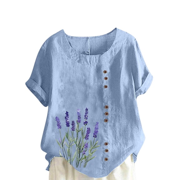 Sexlip Womens Short Sleeve Top Lavender Print Side Button Design Decorative Necklace Detail Soft Fabric Relaxed Silhouette for Outdoor Relaxation Blue L