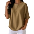 thumbnail image 4 of Elbow Length Tops Women Dressy Waffle Knit Crew Neck T Shirts Trendy Summer Loose Cute Blouses Half Sleeve Basic Tees Khaki XL, 4 of 4