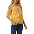 thumbnail image 5 of INSPIRE CHIC Women's Tops 3/4 Sleeves Ruffle Hem Floral Chiffon Shirt Blouses S Yellow, 5 of 7