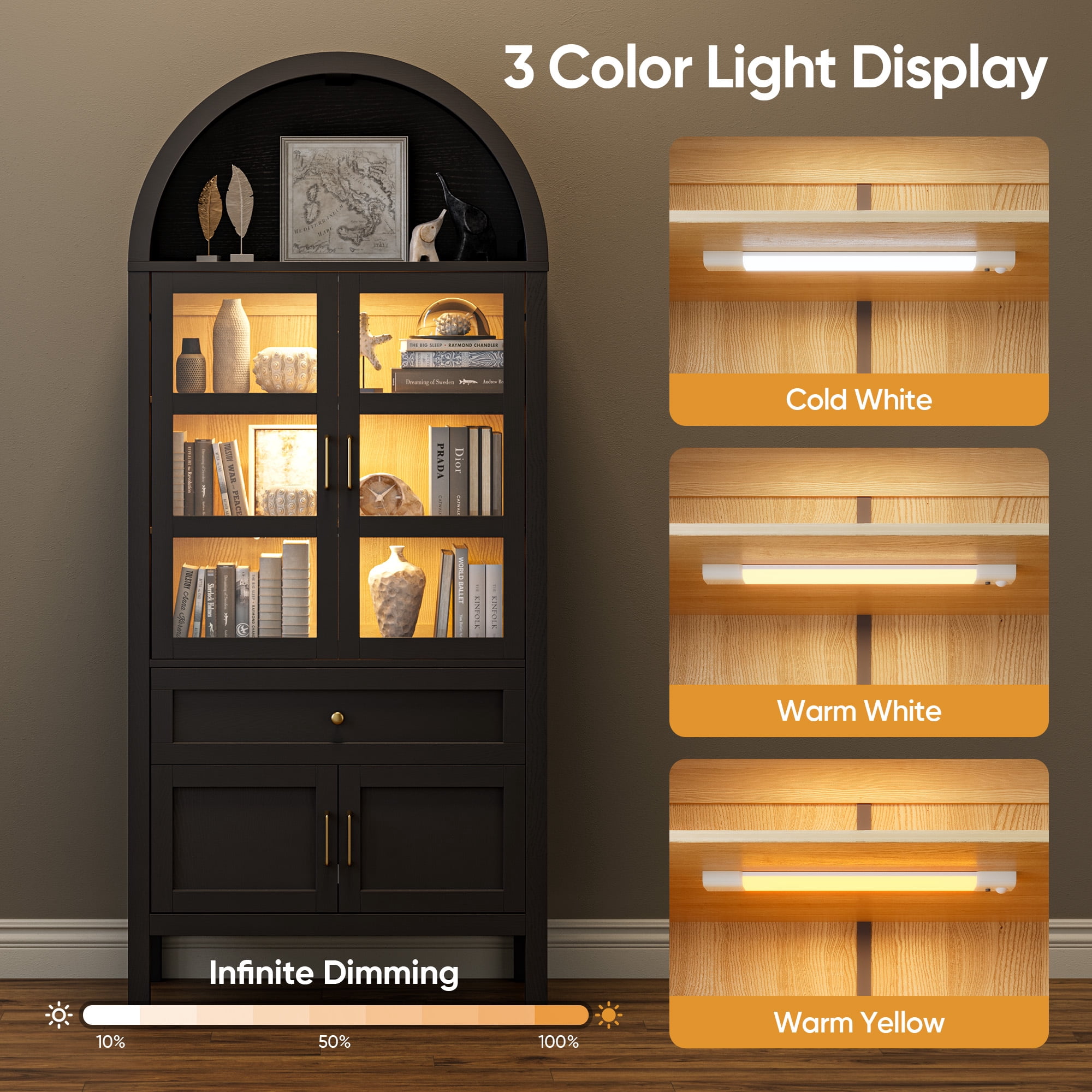 Raffle Pinker 71" Arched Kitchen Pantry Cabinet Display Storage Cabinet with Glass Doors, Black