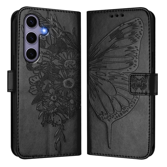 Butterfly Embossed Leather Wallet Phone Case for Galaxy S25/S24, Flip Folio Card Holder Shockproof Protective Cover with Magnetic Clasp Kickstand.YB01