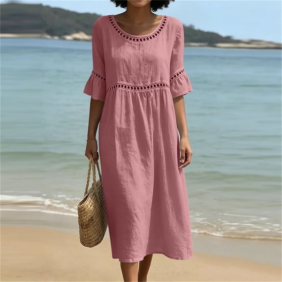 Guieoi Womens Dresses Plus Size Round-Neck Solid-Color Cotton-Linen Short-Sleeve Lace-Trimmed Ruffled-Sleeve Dress Pink L