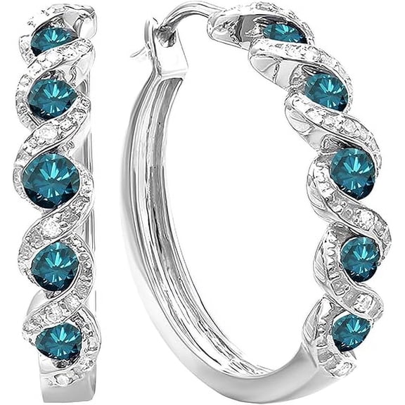 Divine Creation 925 Sterling Silver 1.50 Ct Round Cut Blue Diamond Clip On Hoop & Huggie Earring's 14K White Gold Plated For Women's