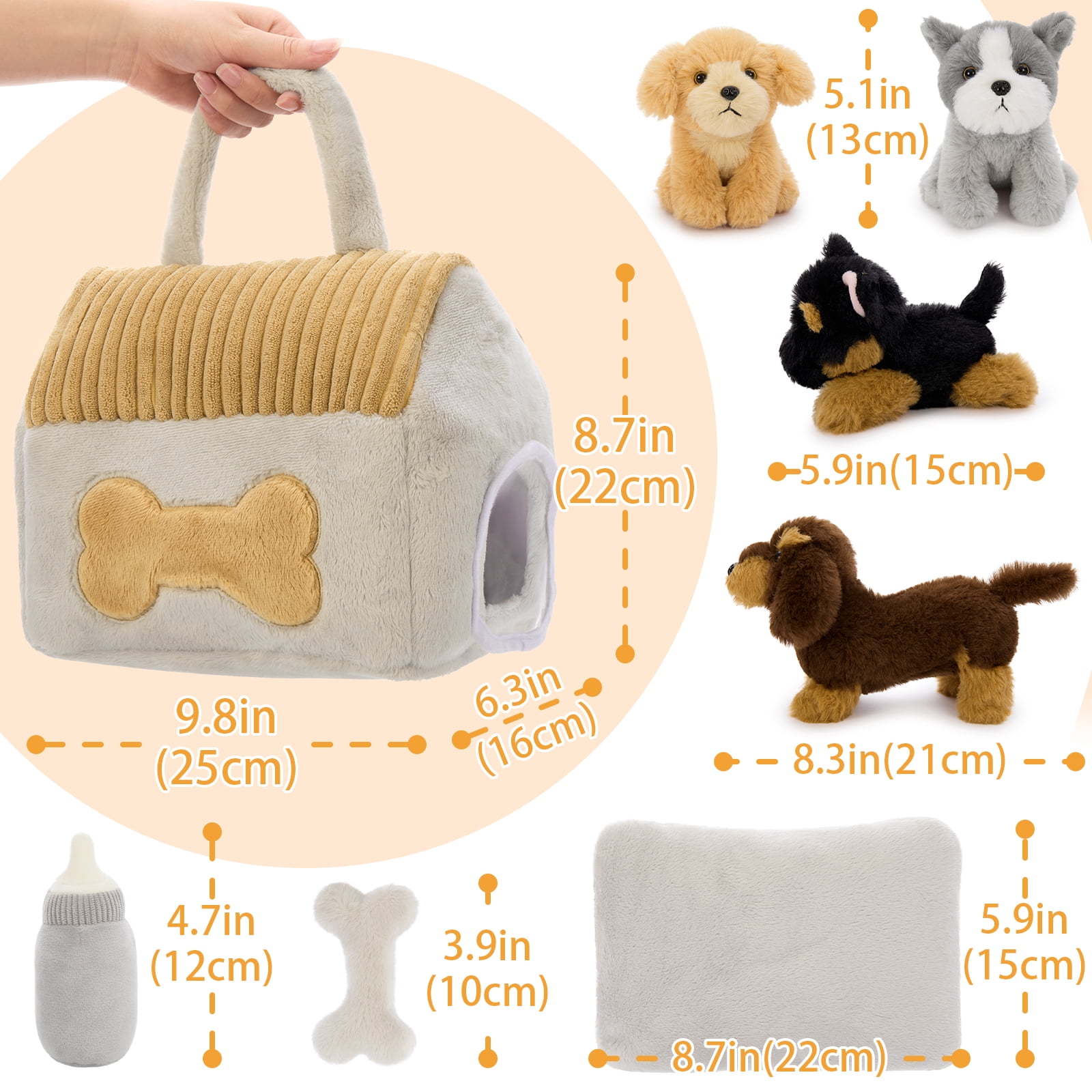 MaoGoLan 8 Pcs Dog House Stuffed Animal 9.8'' Cute Dog House With 4 Puppies Inside Plush Toy