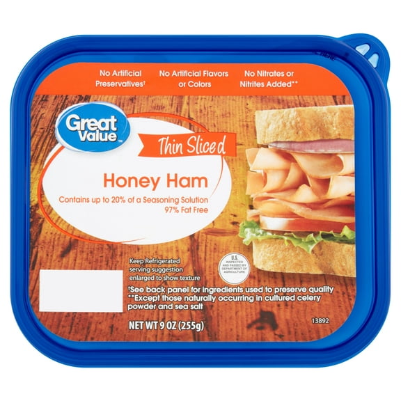 Great Value Honey Ham Lunchmeat Plastic Tub 9oz, 10 Grams of Protein per 2 oz Serving