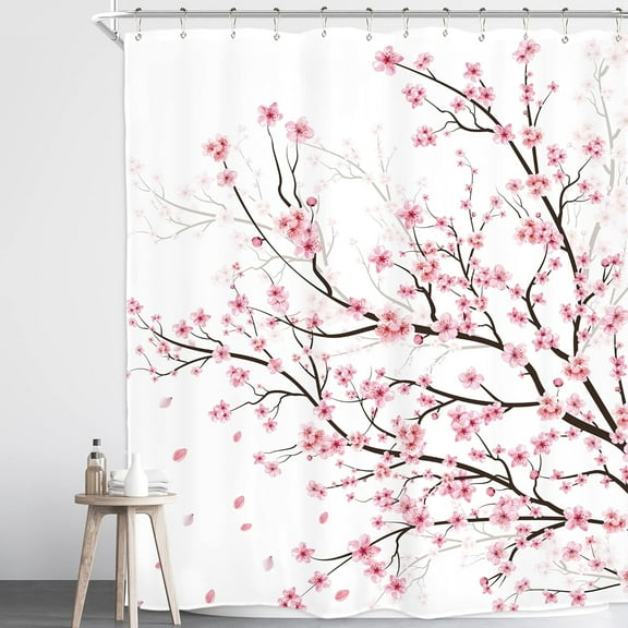 Cherry Blossom Plum Asian Shower Curtain Japanese Weeping Flower Sakura Pink Floral Watercolor Cute Branch Ink Scenery Waterproof Polyester Fabric Bathroom Bathtub 60"W x 72"L (Pack of 1)