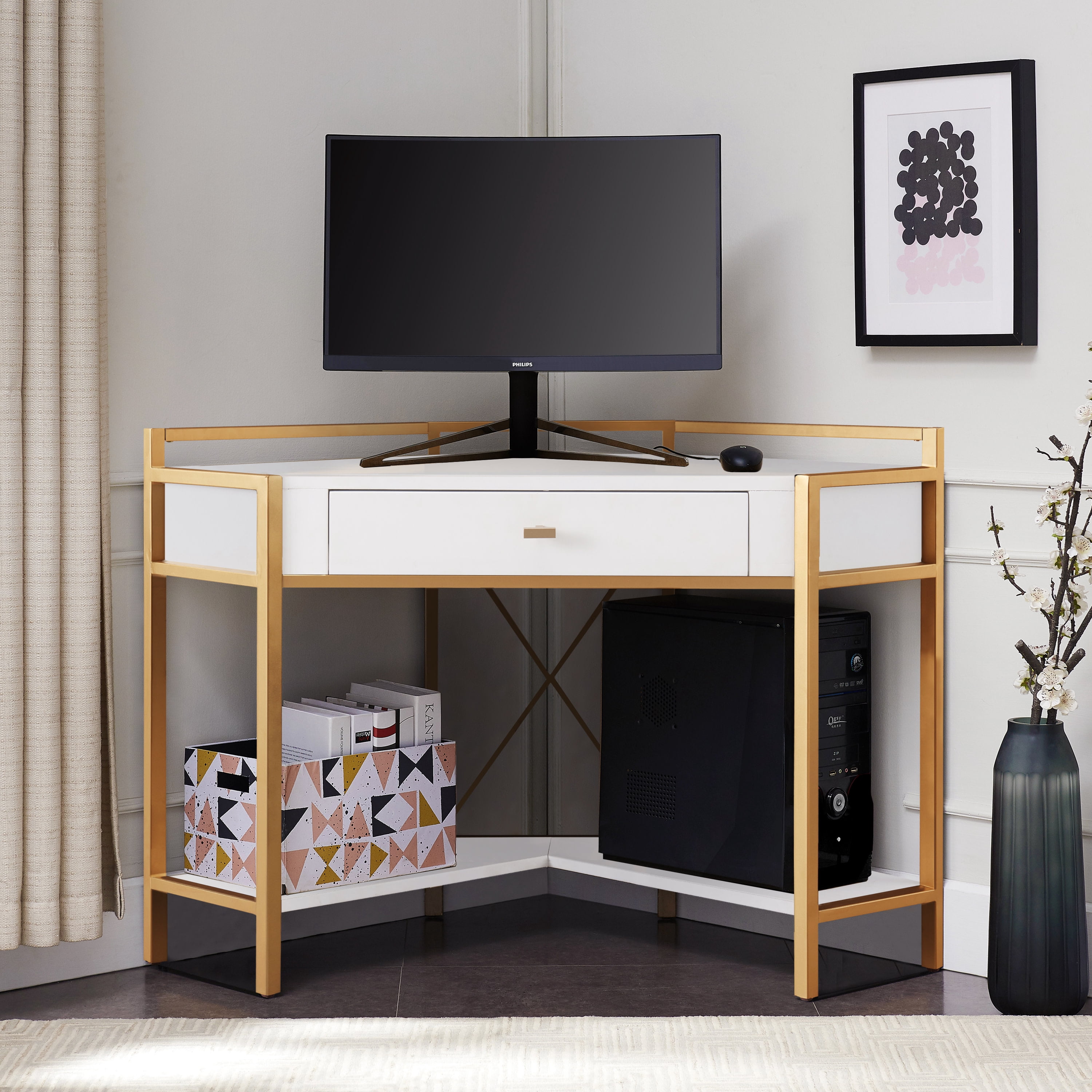 Leick Home Claudette Mixed Metal and Wood Corner Computer Desk, White/Satin Gold