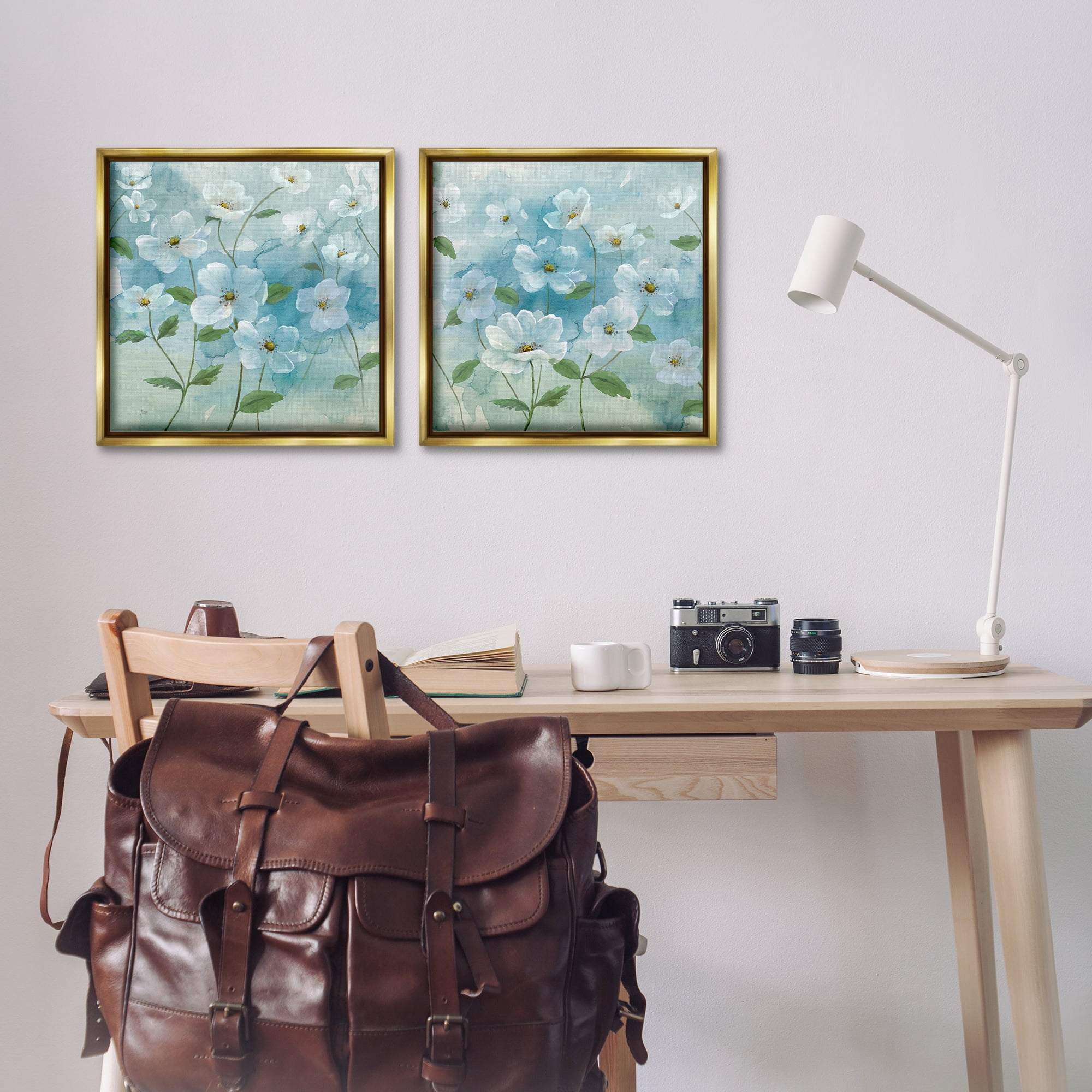 Stupell Industries Blue & White Apple Blossoms Plants & Flowers Painting Gold Floater Framed Canvas Art Print Wall Art, 18 x 18, Set of 2