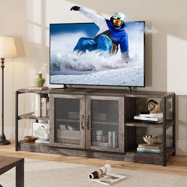 Yeshouse Mueble para TV De 63 Pulgadas con 2 Estantes Abiertos y 2 Puertas De Malla, Centro De Entretenimiento De Diseño Industrial, Mesa Consola Multimedia para Salón y Dormitorio