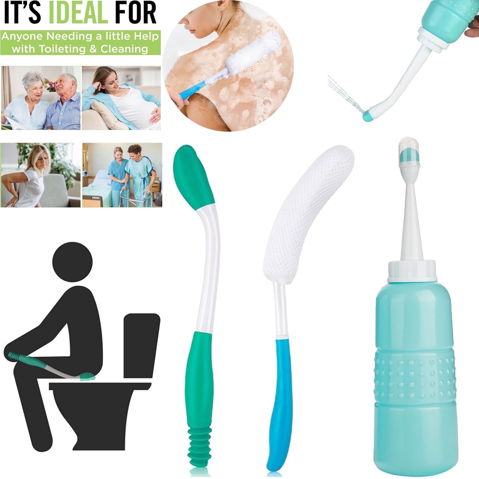 3PCS Toilet Aid Set for Wiping, Long Handle Wiper & Shower Brush & Portable Travel Bidet, Personal Care Hygiene Kit, Elderly Assistance Long Reach Self Wipe Tools for Disabled Elderly Overweight