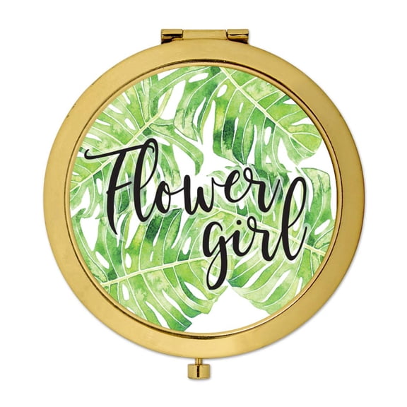 Koyal Wholesale Compact Mirror Flower Girl Wedding Gift, Gold, Tropical Monstera Palm Leaves, 1-Pack