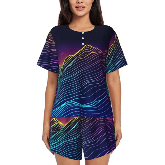 Cyber Neon Mountains (14) Womens Pajamas Short Set Soft Short Sleeve Sleepwear Button Down Pjs Set with Pockets S XXL Small