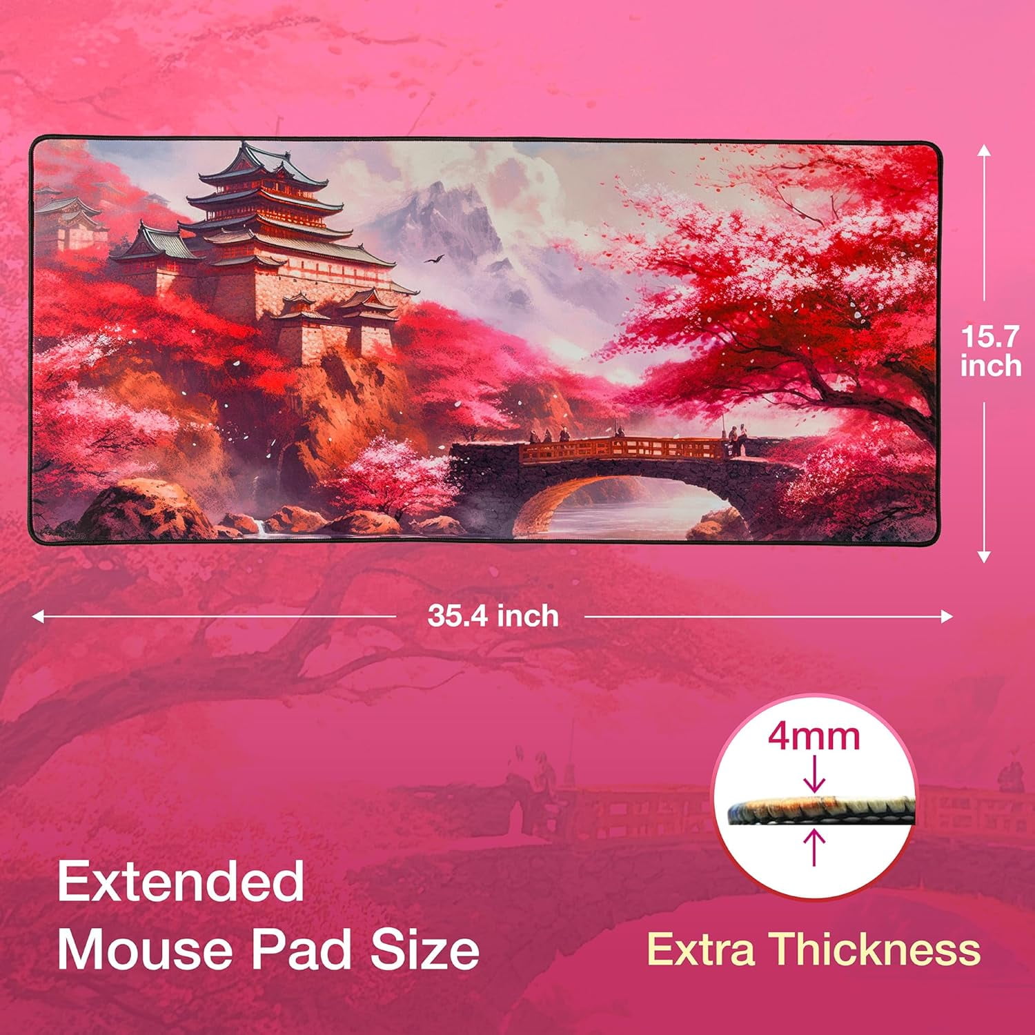 Cherry Blossom Extended Gaming Mouse Pad, Ultra-Smooth Surface for Pixel-Precise Mouse Control, Durable Anti-Fray Stitching, Non-Slip Rubber Base, for Gamer, Office & Home, Light & Portable