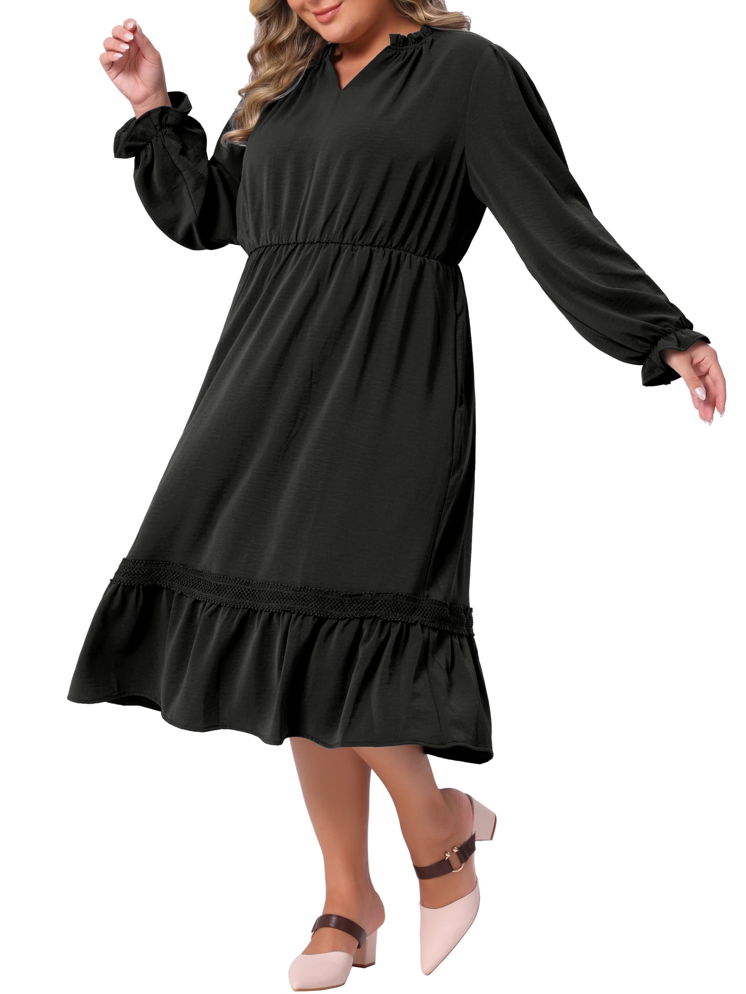 DARING DIVA Women's Plus Size Ruffle V Neck Long Sleeve Midi Casual Dress 2X Black