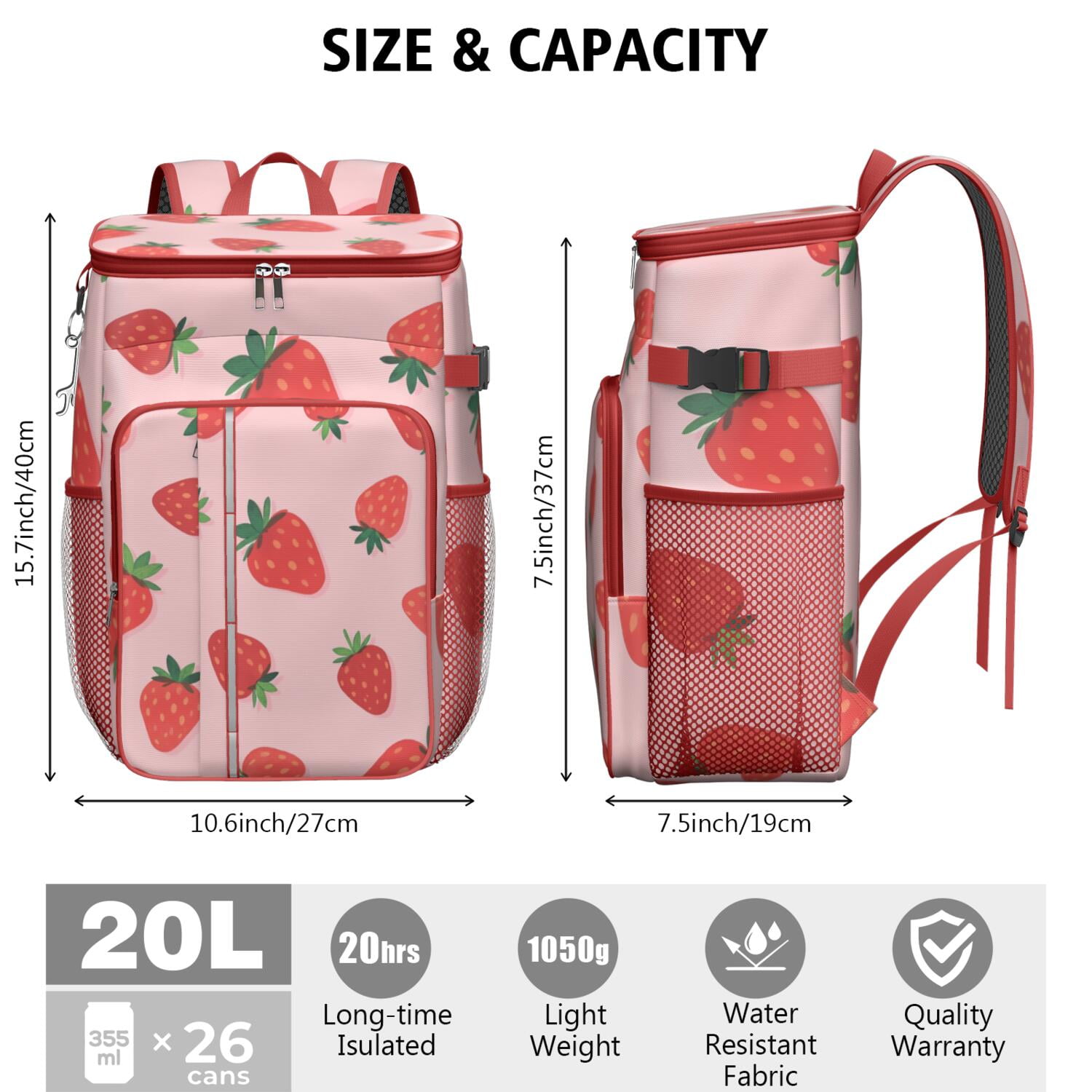 Insulated Cooler Backpack,Cooler Bag Insulated Leak Proof Travel Cooler Bag Waterproof Lunch Picnic Beach Work Trip Thermal Bag Drink Beverage Beer Bag Cooler Strawberry