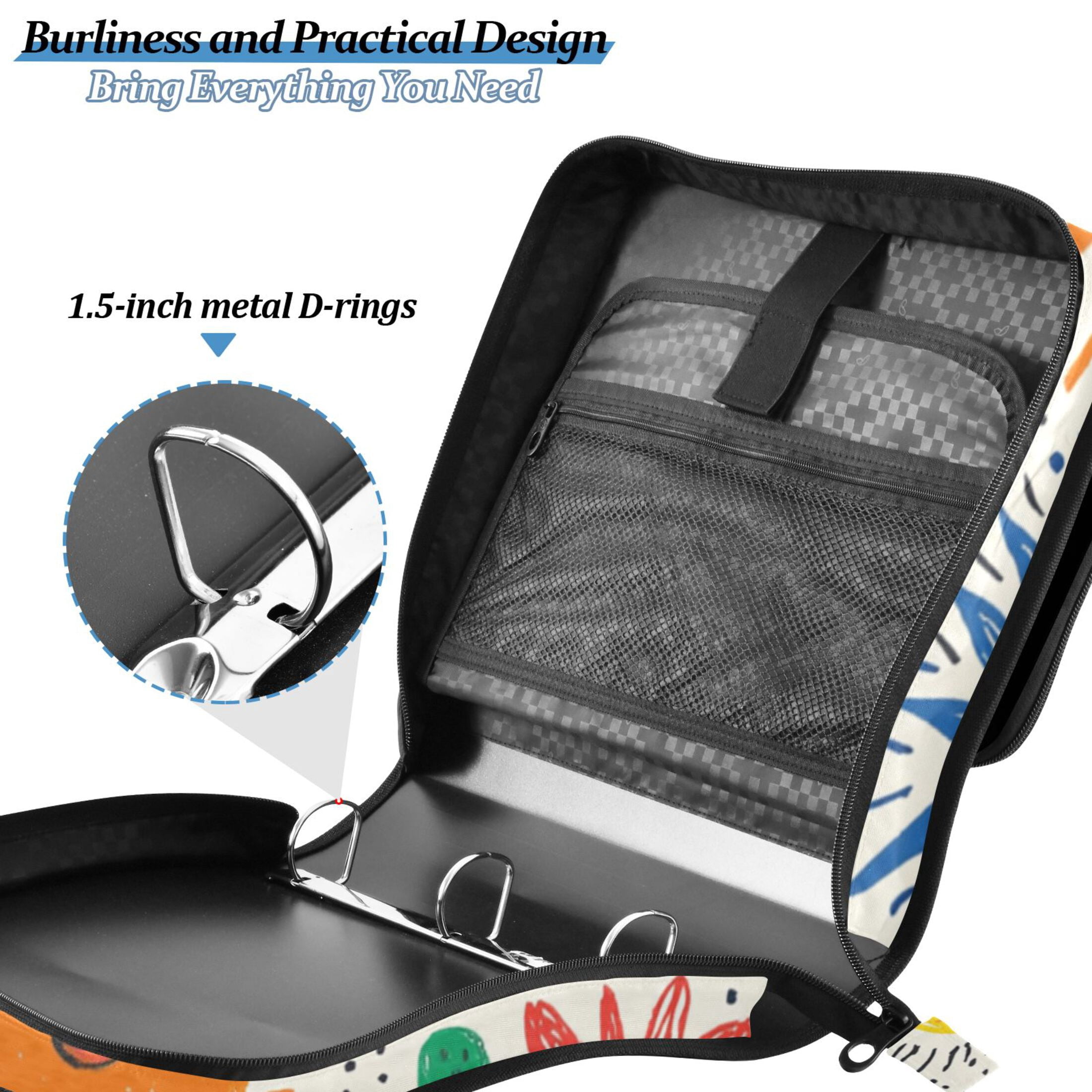 3 Ring Zipper Binder with Shoulder Strap Waterproof Trapper Keeper 2 Inch D-Ring 500 Sheets Capacity Hand Drawn Sun
