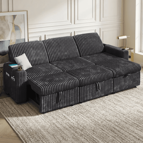101" Grey Corduroy Sectional Sleeper Sofa Bed with Pull-Out Bed,Reclining Backrest,Reversible Storage Chaise,USB Ports & Cup Holders